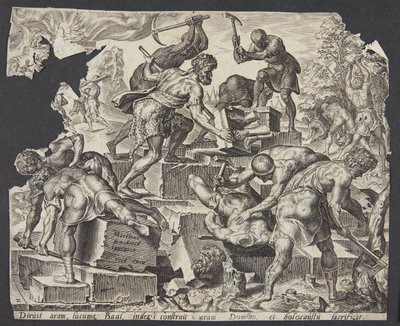 Gideon och hans män förstörde Baals altare av Ubekendt efter Maarten van Heemskerck