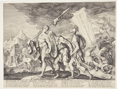 Den blinde Saul ledde till Damaskus av Ubekendt efter Philips Galle efter forlæg af Maarten van Heemskerck