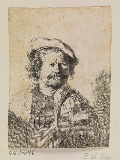 Rembrandt i platt keps och broderad klänning av Ubekendt efter Rembrandt