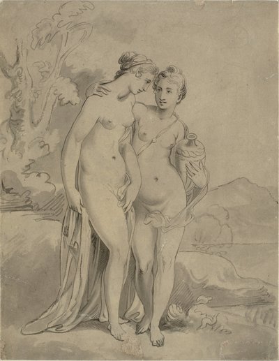 Två nymfer i ett landskap av Ubekendt engelsk kunstner 1820