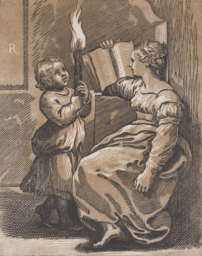 En sibylla som läser en bok mot vänster, efter 1518. av Ugo da Carpi