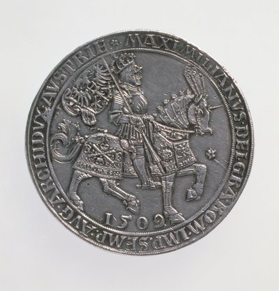 Kronungsdoppelguildiner (dubbelguldener) av kejsar Maximilian I (1493-1519), Myntverket i Antwerpen, återutgivning av ett mynt från 1509, 1517 (framsidan) (silver) (för baksidan se 168075) av Ulrich Ursentaler