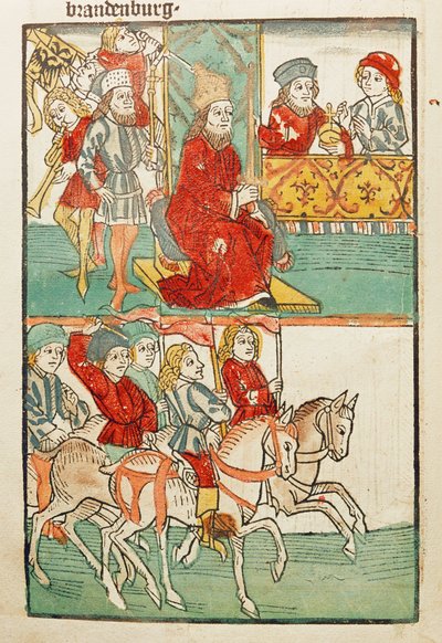 Förläning av markgreven av Nürnberg, Friedrich von Hohenzollern, med Mark Brandenburg av kejsar Sigismund... av Ulrich von Richental