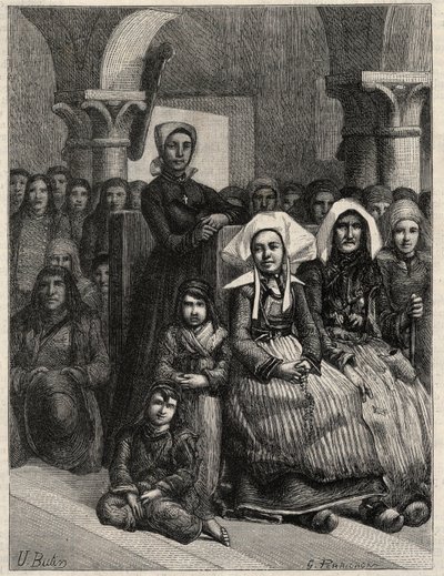 En predikan i en kyrka i Bretagne, teckning av M.U. Plundra. Gravyr i "" L