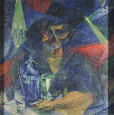 Nedbrytning av kvinnas figur vid bordet av Umberto Boccioni (1882-1916), olja på duk, 86x86 cm, cirka 1912 av Umberto Boccioni