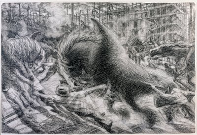 Futurism: "" La citta che dirty"" (Den stigande staden). Teckning på kartong av Umberto Boccioni (1882-1916) av Umberto Boccioni