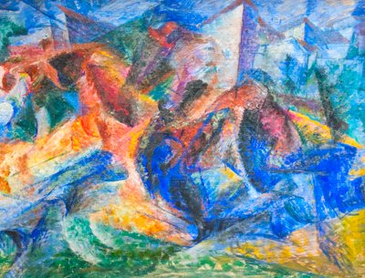 Häst, ryttare och byggnader av Umberto Boccioni