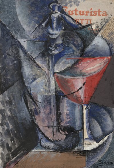 Stilleben: Glas och sifon, ca 1914 (collage, gouache, penna och bläck) av Umberto Boccioni