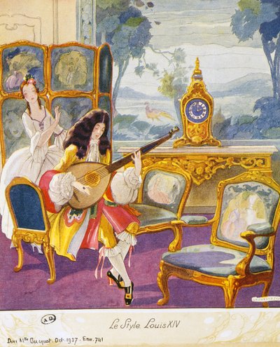 Scen i stil med Ludvig XIV, teatralisk miljö, akvarell av Umberto Brunelleschi