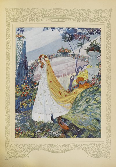 Hon täckte alltid sitt lockiga hår med en krona av blommor på huvudet, illustration från 