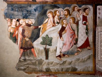 Flykten från apostlarna. Detalj. Fresk av Umbriens skola på 1400-talet. Överlägsen kyrka. Klostret Saint Benedetto (Sacro Speco), Subiaco (Rom), Italien av Umbrian School