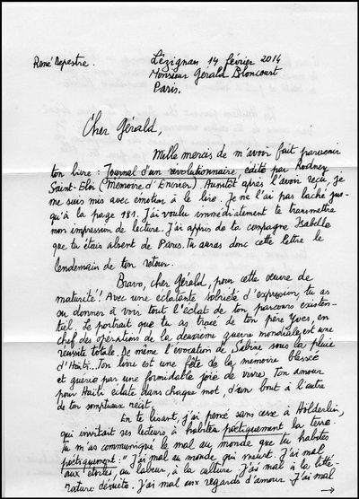 16534N BREV FRÅN RENE DEPESTRE A SIDAN 1 OM HANS BOKJOURNAL D UN REVOLUTIONAIRE 2014? av Unbekannt