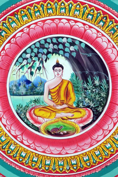 20151029, Vientiane, Laos: Wat Inpeng buddhisttempel. Målning som skildrar Shakyamuni Buddhas livshistoria. Buddha sitter i meditationsställning av Unbekannt
