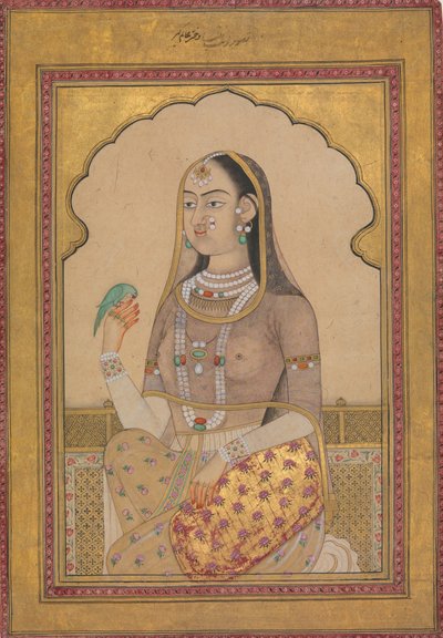 En juvelbesatt jungfru med en parakit, ca. 1670-1700. av Unbekannt