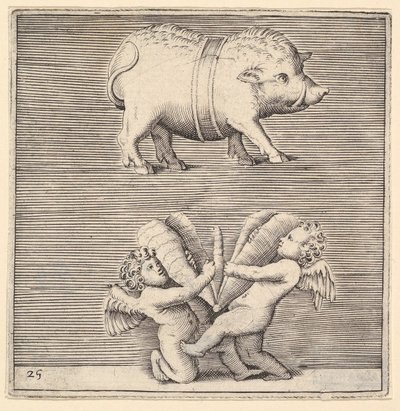 En bältad gris och två amoriner eller genier med en fjäril eller mal, publicerad ca. 1599-1622. av Unbekannt
