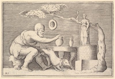 En faun eller satyr som förbereder en gris för offer, publicerad ca. 1599-1622. av Unbekannt