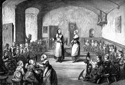 En tysk spinnskola, c1880 av Unbekannt