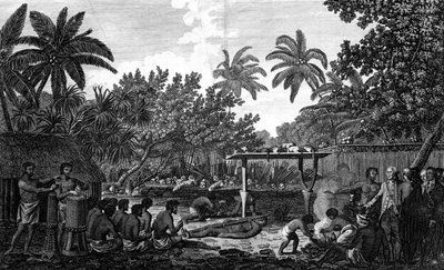 Ett människooffer i en Morai, i Otaheite, i närvaro av kapten Cook, c1773 av Unbekannt