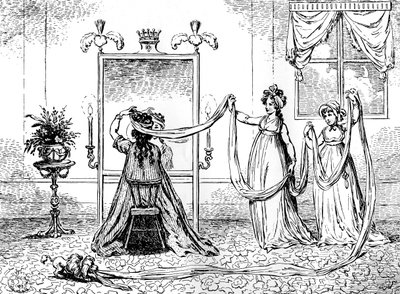 En dam som tar på sig mössan, juni 1795 av Unbekannt