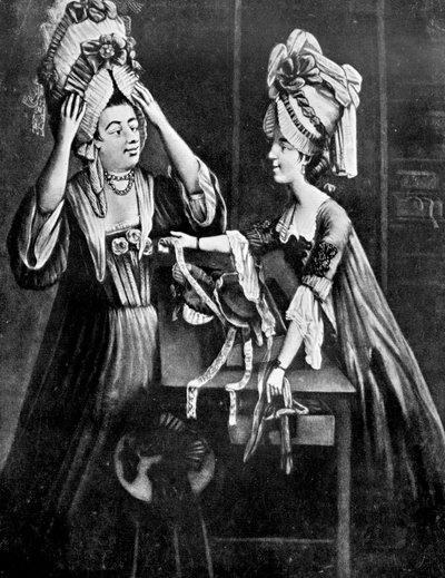 A Milliners Shop, Mrs Monopolise, slaktarens fru, köper en modern huvudklänning, 1772 av Unbekannt