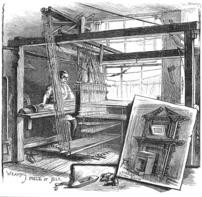 En Spitalfields sidenvävare vid sin handvävstol, 1884 av Unbekannt