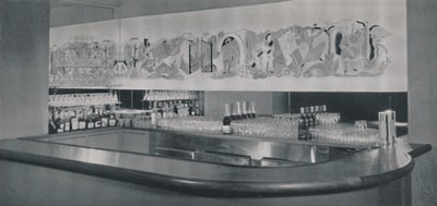 En cocktailbar väggmålning i snidat och emaljerad linoleum på Berkeley Hotel, Montreal, 1942 av Unbekannt