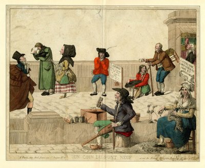 Ett hörn av Pont Neuf, Paris, med lama tiggare och gatuförsäljare, ca 1813. av Unbekannt