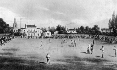 En cricketmatch pågår på Kennington Oval, London, 1848-1912 av Unbekannt