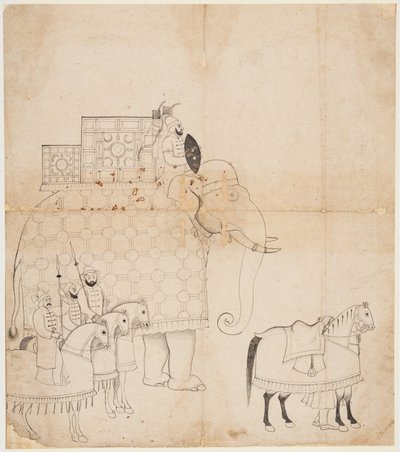 En teckning av Caparisoned Elephant and Horses, ca. 1760. av Unbekannt