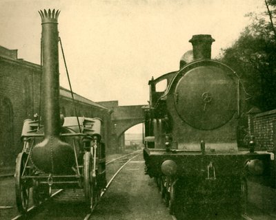 En fullstorleksmodell av Stephensons Rocket tillsammans med en motor av George the Fifth-klassen, Londo av Unbekannt