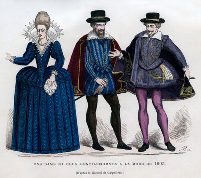 En dam och två herrar i fransk klänning från 1605 1882-1884 av Unbekannt