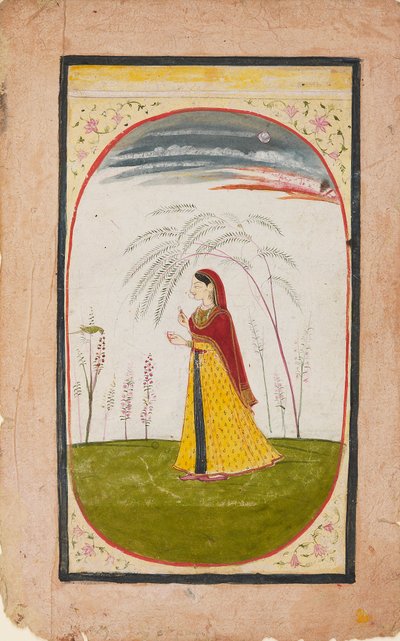 En dam i ett glest landskap, med blomma och kopp, tidigt 1800-tal av Unbekannt