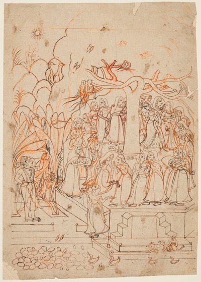 Ett blad från en Baramasa-serie: Månaden Jyestha maj-juni, Krishna tittar på Gopis..., ca. 1760. av Unbekannt