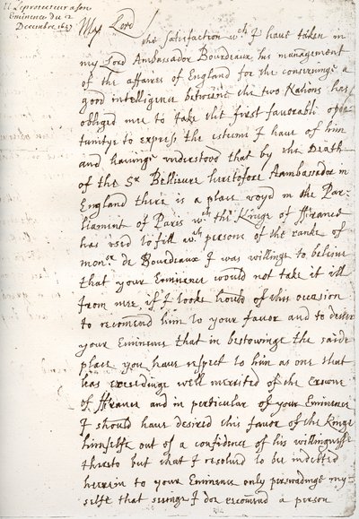 Ett brev av Oliver Cromwell till kardinal Mazarin, 4 december 1657, 1899 av Unbekannt