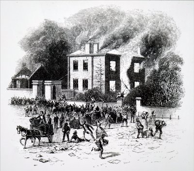 En scen från 1791 års upplopp i Birmingham. av Unbekannt