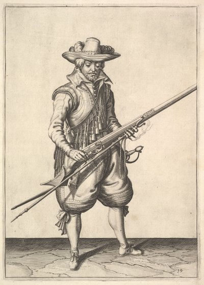 En soldat som skakar pulvret från toppen av pannan, från Musketeers-serien, tallrik 19, i.... av Unbekannt