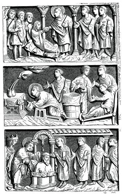 En triptyk över det helande arbetet av St Remy, biskop av Reims, 1000-talet 1870 av Unbekannt