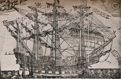 Ett träsnitt av ett skepp som tros vara The Ark Royal, c1587 av Unbekannt