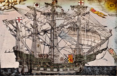 Ett träsnitt av ett skepp som tros vara The Ark Royal, c1587 av Unbekannt