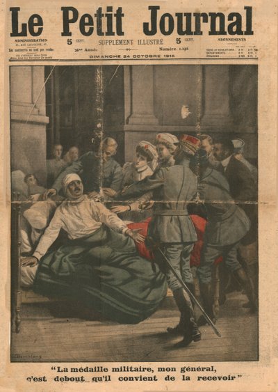 En skadad man försöker resa sig för att ta emot sin medalj, 1915. av Unbekannt