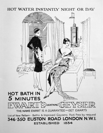 Annons för Ewarts Geyser för varmt vatten, 1928 av Unbekannt