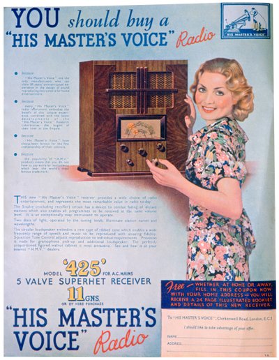 Annons för His Masters Voice-radioapparater, 1936 av Unbekannt