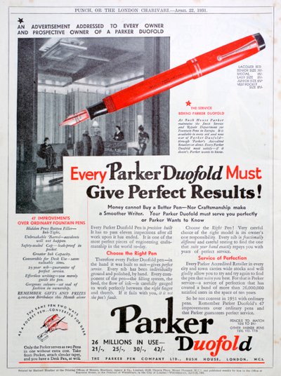 Annons för Parkers pennor, 1931 av Unbekannt