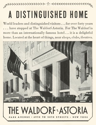 Annons för Waldorf-Astoria Hotel i New York, 1934. av Unbekannt