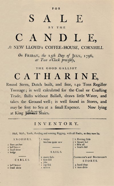 Annons för försäljning av Candle på Lloyds, 1796, 1928 av Unbekannt