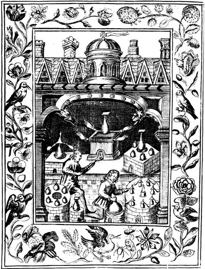 Alkemiskt laboratorium som visar olika former av ugnar och kärl, 1652 av Unbekannt