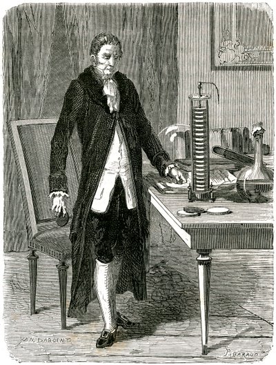 Alessandro Volta, italiensk fysiker, demonstrerar sitt elektriska högbatteri, c1800 c1870 av Unbekannt