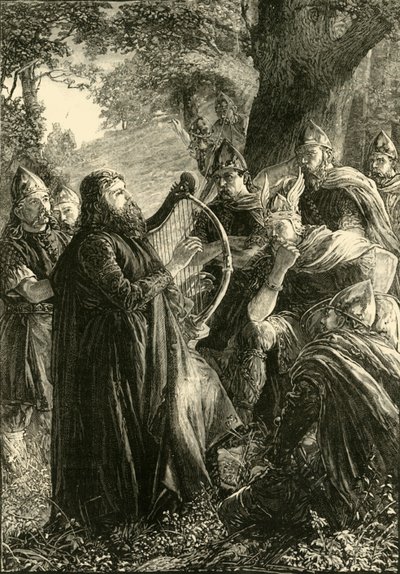 Alfred den store, förklädd till en harpare, spelar före Guthrum, 878, 1890. av Unbekannt
