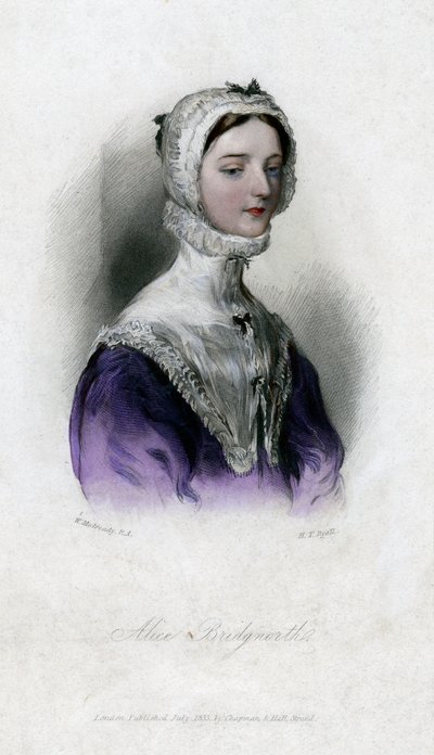 Alice Bridgenorth, en karaktär i Walter Scotts roman Peveril of the Peak, 1833 av Unbekannt