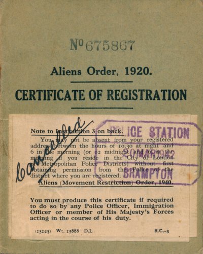 Utlänningsordning, registreringsbevis, 1920 av Unbekannt